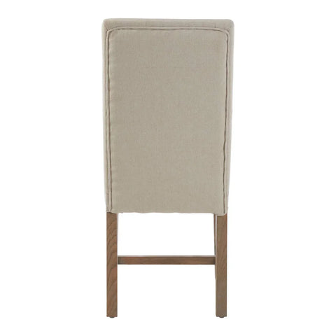 Beige upholstered dining chair rear view with wooden legs and stitched panel detailing