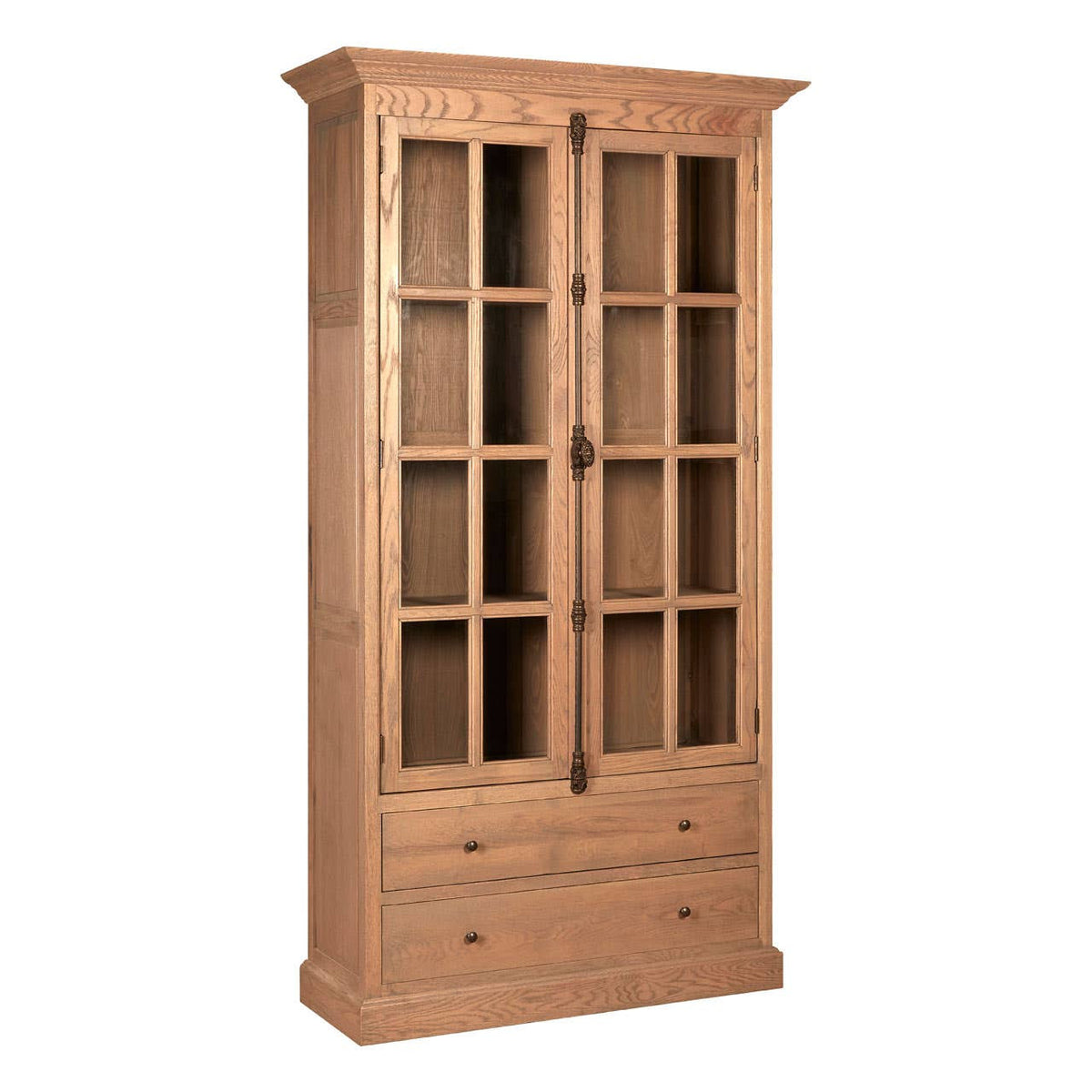 Tall cabinet with a washed grey finish, featuring two glass-paneled doors with multiple sections, and two lower drawers. The cabinet is made of oak wood, showcasing a classic design with a decorative top and a sturdy base