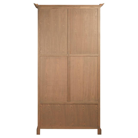 Tall cabinet made of oak wood with a washed grey finish, featuring a simple design with four flat panel doors and a slightly decorative top edge. The cabinet stands on four legs and has a smooth, clean appearance suitable for various home decor styles