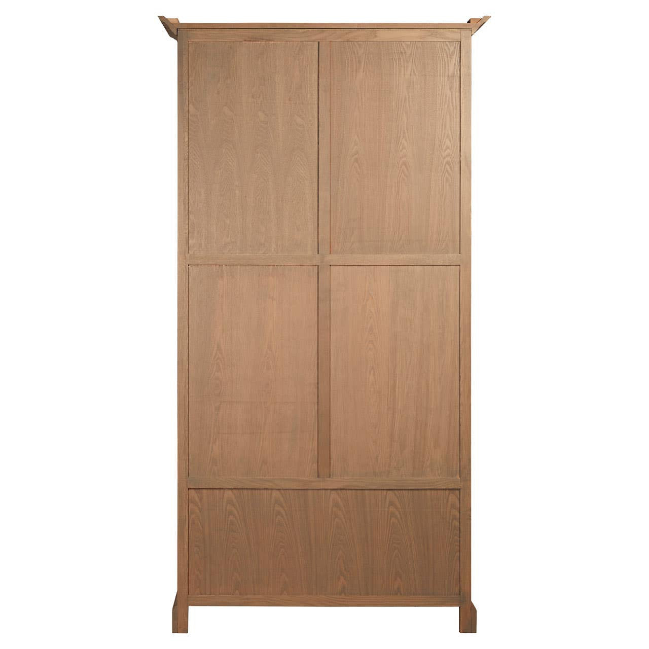 Tall cabinet made of oak wood with a washed grey finish, featuring a simple design with four flat panel doors and a slightly decorative top edge. The cabinet stands on four legs and has a smooth, clean appearance suitable for various home decor styles