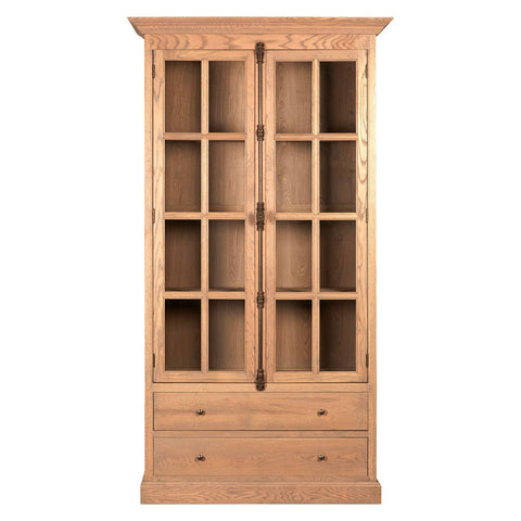Tall cabinet with a washed grey finish, featuring a wooden frame, two glass-paneled doors with multiple grid sections, and two lower drawers. The cabinet has a classic design with a decorative top and a smooth surface