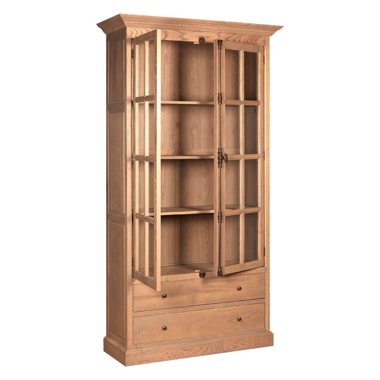 Tall cabinet made of oak wood with a washed grey finish, featuring multiple shelves behind glass doors, and two drawers at the bottom. The cabinet has a classic design with a decorative top and a sturdy base, suitable for displaying items or storing belongings