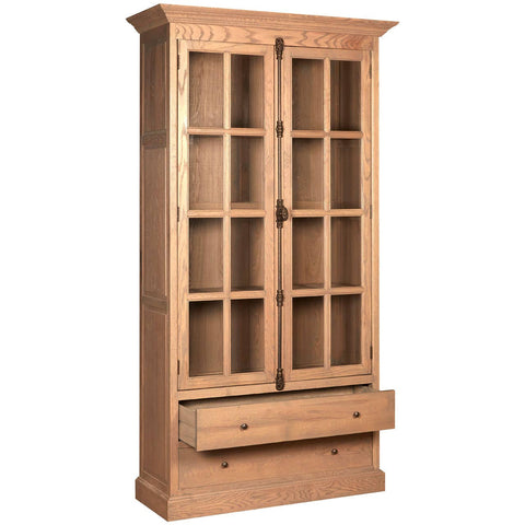 Tall cabinet with a washed grey finish, featuring two glass-paneled doors and a single drawer at the bottom. The cabinet is made of oak wood and has a classic design with decorative molding at the top. The interior is spacious, ideal for displaying items or storing belongings
