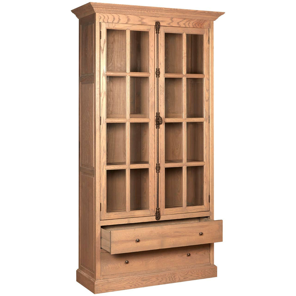 Tall cabinet with a washed grey finish, featuring two glass-paneled doors and a single drawer at the bottom. The cabinet is made of oak wood and has a classic design with decorative molding at the top. The interior is spacious, ideal for displaying items or storing belongings