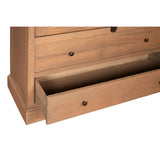 Tall cabinet featuring a washed grey finish, made from oak wood. The image shows a close-up of the cabinet's base, highlighting a partially open drawer with a sleek handle. The wood grain is visible, showcasing the natural texture and color variations