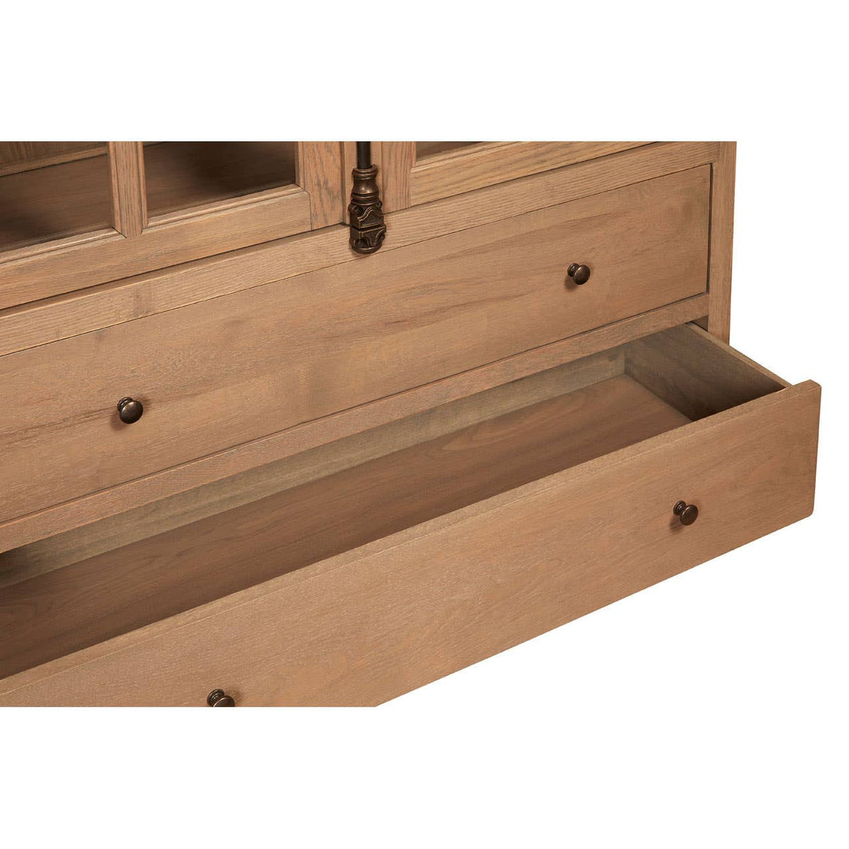 Tall cabinet featuring a washed grey finish, made of oak wood, with a spacious drawer at the bottom and multiple compartments above. The drawer has a sleek handle and is designed for easy access. The overall design showcases a natural wood grain texture