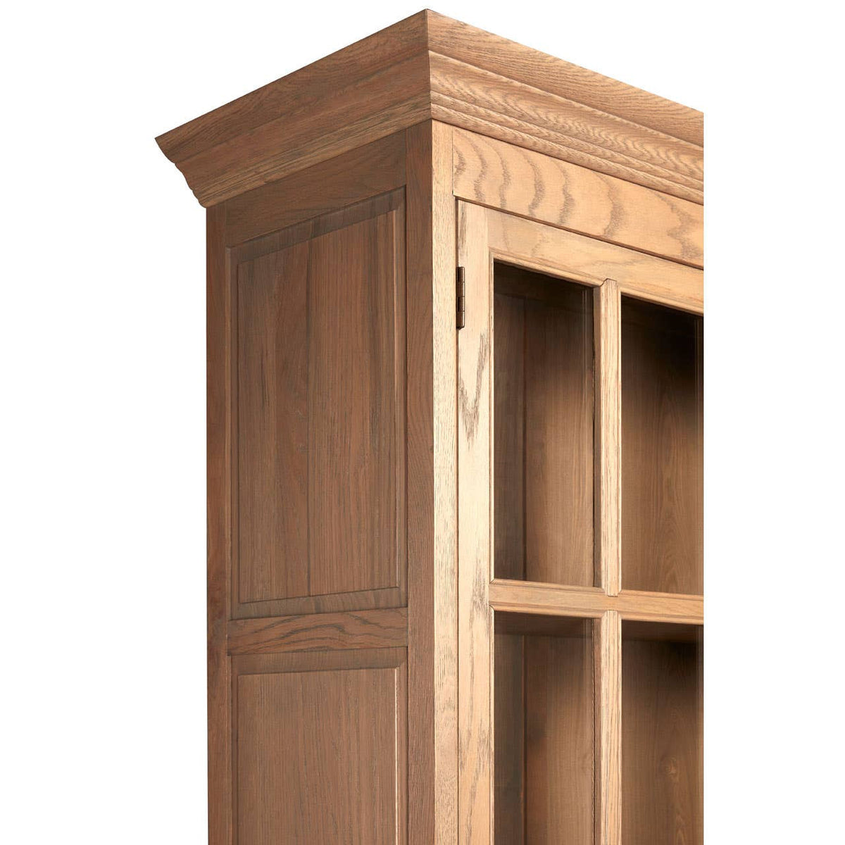 Tall cabinet featuring a washed grey finish, made of oak wood. The design includes a decorative crown molding at the top and four open compartments for storage or display. The cabinet has a smooth surface with visible wood grain texture, showcasing a rustic yet elegant aesthetic