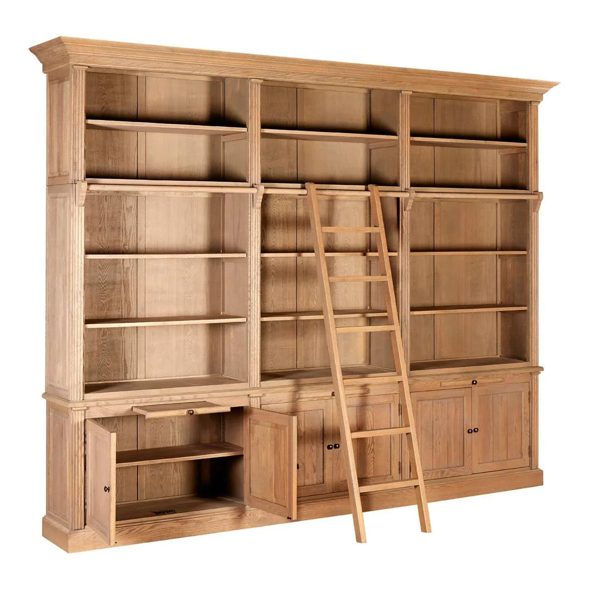 Large oak bookcase with adjustable shelves, rolling ladder, and lower storage cabinets