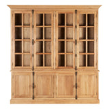Large cabinet made of natural oak wood featuring multiple glass-paneled doors and a sturdy base with solid wooden panels. The cabinet has a warm, light finish that highlights the wood grain, providing a classic and elegant look suitable for home decor