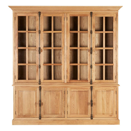 Large cabinet made of natural oak wood featuring multiple glass-paneled doors and a sturdy base with solid wooden panels. The cabinet has a warm, light finish that highlights the wood grain, providing a classic and elegant look suitable for home decor