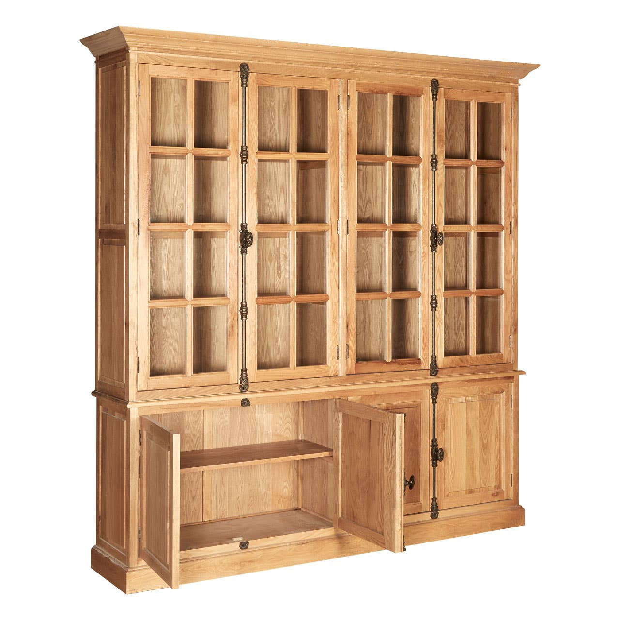 Large cabinet made of natural oak wood featuring multiple glass-paneled doors, showcasing adjustable shelves inside. The cabinet has a sturdy base with a central open section and two lower doors for additional storage. The wood finish highlights the grain and texture, giving it a warm, rustic appearance