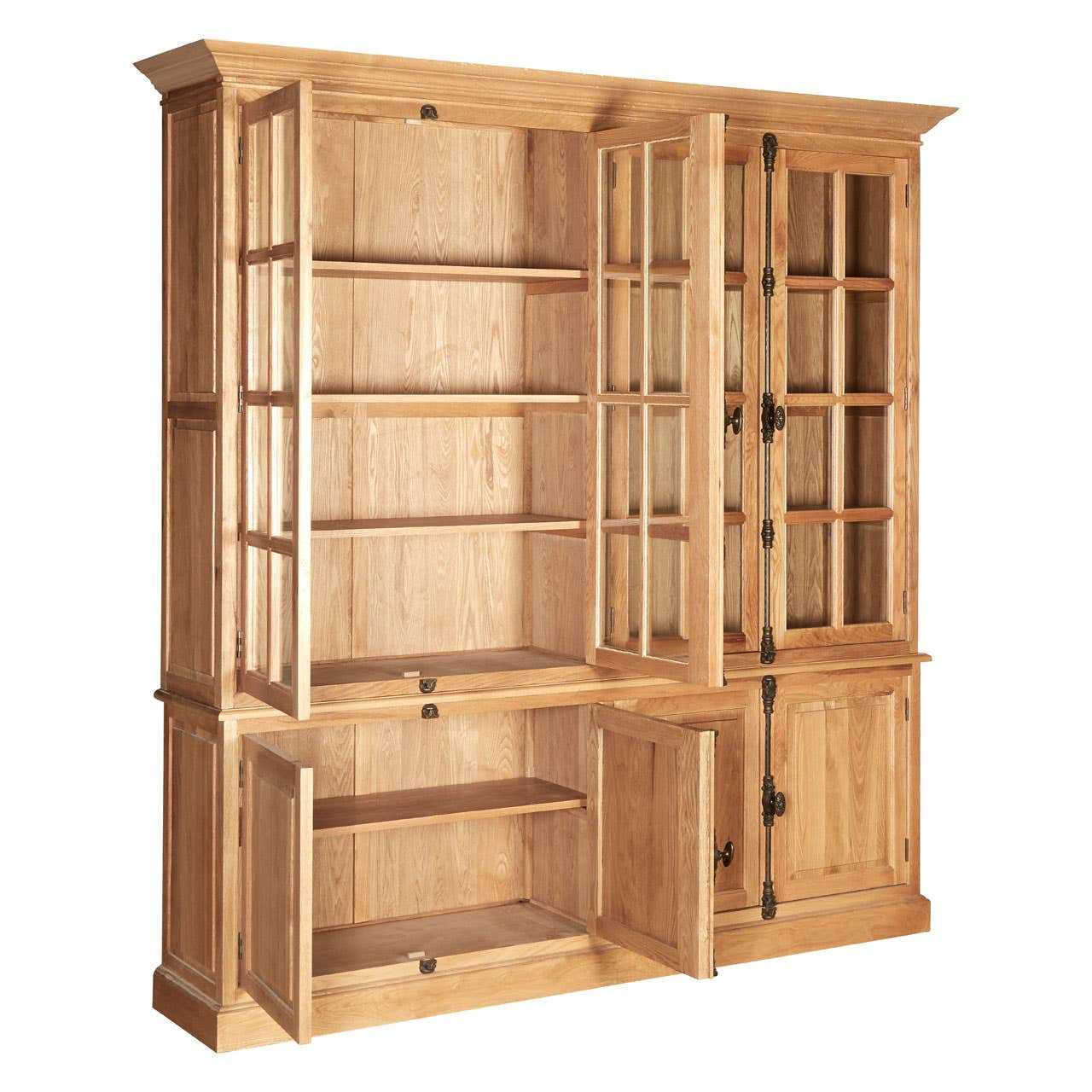Large cabinet made of natural oak wood featuring multiple shelves, glass-paneled doors, and a sturdy base. The cabinet has a warm, light wood finish and a classic design, suitable for home decor