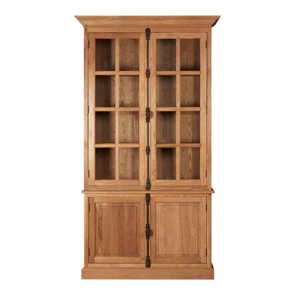 Tall cabinet made of natural oak wood featuring a classic design with two glass-paneled doors at the top and solid wood doors at the bottom. The cabinet has multiple shelves visible through the glass, providing ample storage space. The wood finish showcases the natural grain and texture of the oak
