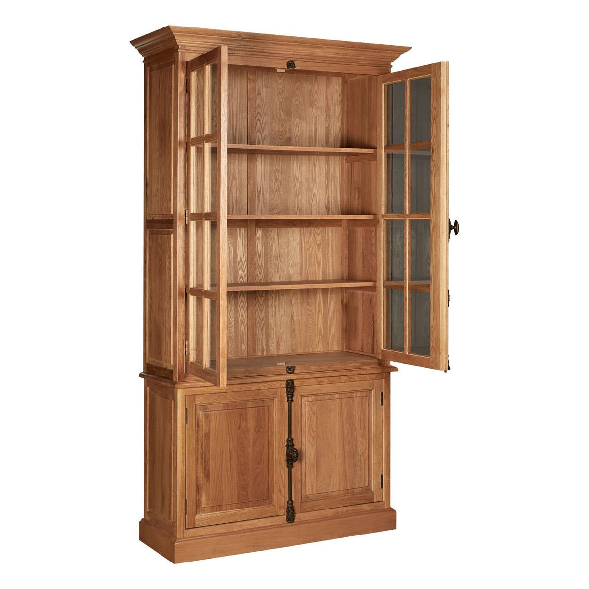 Tall cabinet made of natural oak wood featuring two glass-paneled doors at the top and a solid wood door at the bottom. The cabinet has multiple shelves inside for storage and a warm, light wood finish that highlights the grain of the oak