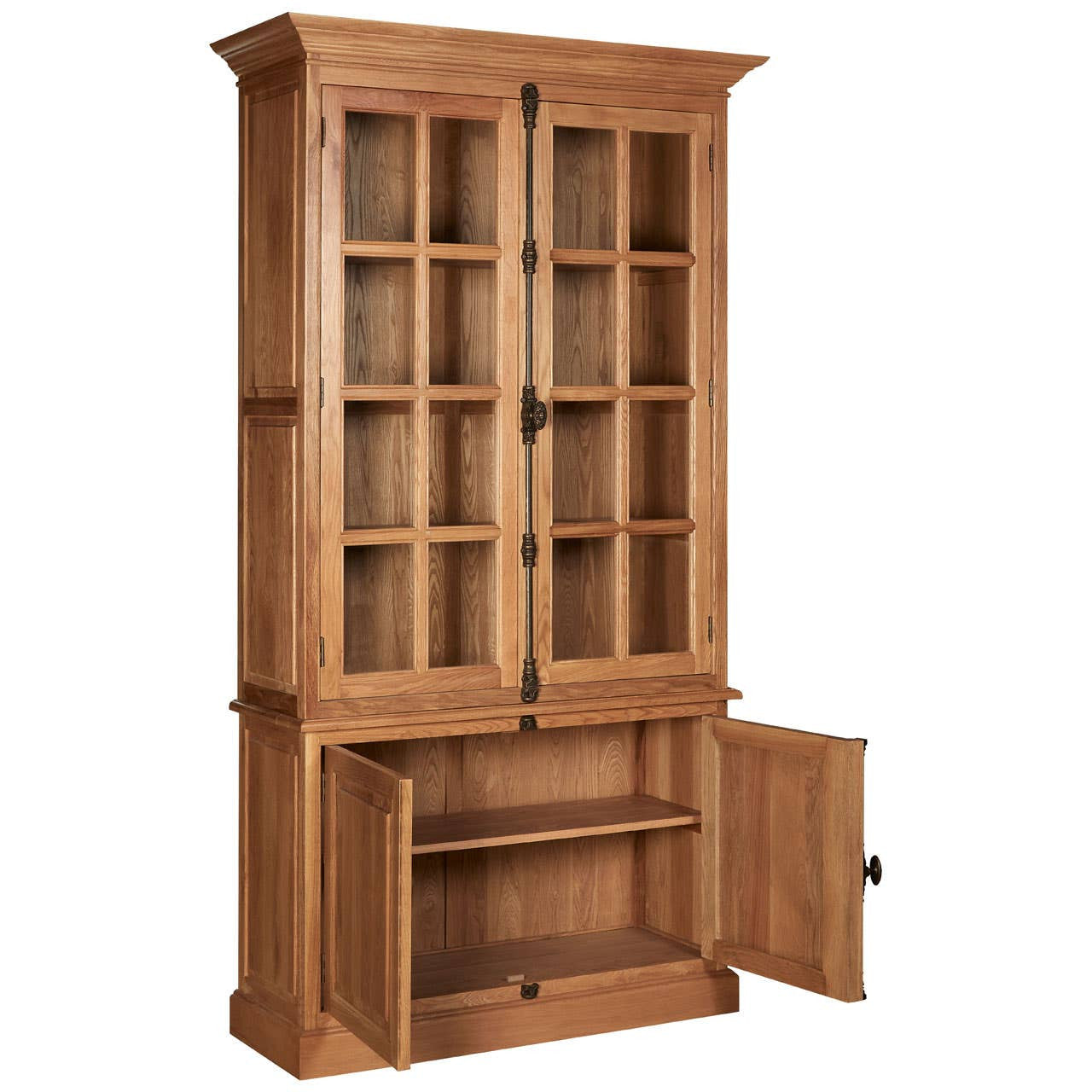 Tall cabinet made of natural oak wood featuring a classic design with glass doors, showcasing multiple shelves for display. The lower section includes a solid door that opens to additional storage space. The cabinet has a warm, light wood finish and decorative molding at the top