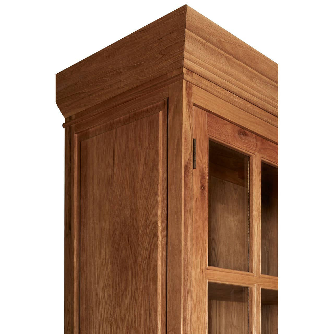 Natural oak wood tall cabinet featuring a smooth, polished top with a classic design. The cabinet has a rectangular shape and showcases a rich wood grain texture, highlighting its sturdy construction. The upper section includes glass-paneled doors, allowing visibility of the interior shelves