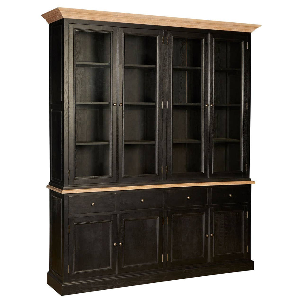 Large cabinet made of black oak wood featuring a top section with multiple open shelves and a bottom section with closed storage cabinets. The cabinet has a contrasting light wood top and a sleek, modern design suitable for home decor