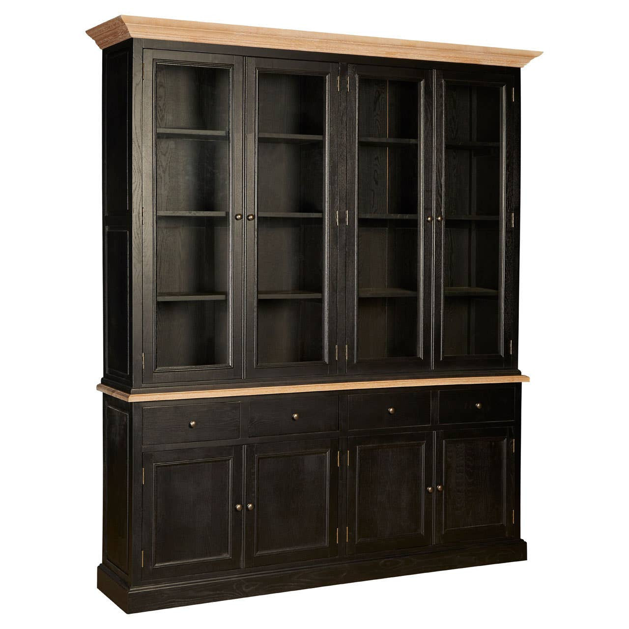 Large cabinet made of black oak wood featuring a top section with multiple open shelves and a bottom section with closed storage cabinets. The cabinet has a contrasting light wood top and a sleek, modern design suitable for home decor