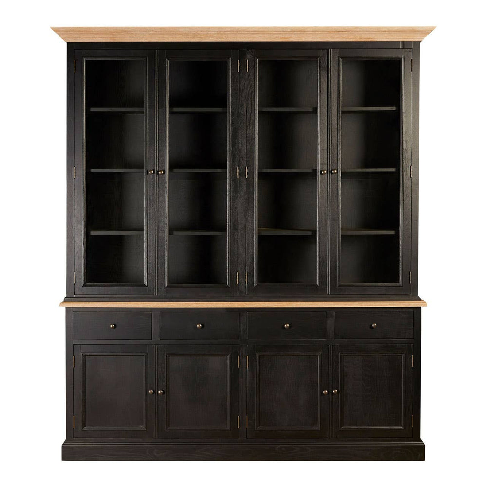 Large cabinet made of black oak wood featuring a top section with multiple open shelves and a bottom section with closed cabinets. The cabinet has a light wood top that contrasts with the dark finish of the body, providing a modern and elegant look suitable for home decor
