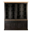 Large cabinet made of black oak wood featuring a top section with multiple open shelves and a bottom section with closed cabinets. The cabinet has a light wood top that contrasts with the dark finish of the body, providing a modern and elegant look suitable for home decor