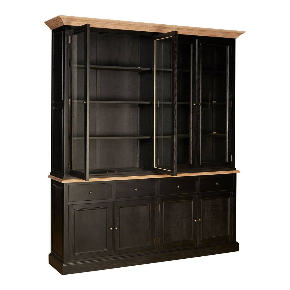 Large cabinet made of black oak wood featuring a two-section design with open shelving on the top and closed storage with doors on the bottom. The cabinet has a light wood top, contrasting with the dark finish of the body, and is designed with clean lines for a modern aesthetic