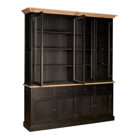 Large cabinet made of black oak wood featuring a two-section design with open shelving on the top and closed storage with doors on the bottom. The cabinet has a light wood top, contrasting with the dark finish of the body, and is designed with clean lines for a modern aesthetic