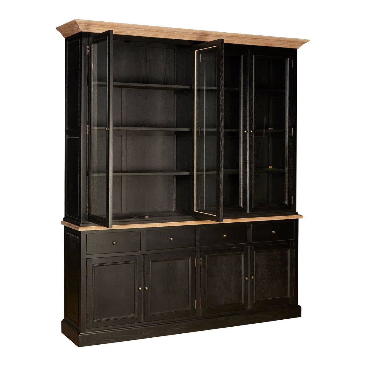 Large cabinet made of black oak wood featuring a two-section design with open shelving on the top and closed storage with doors on the bottom. The cabinet has a light wood top, contrasting with the dark finish of the body, and is designed with clean lines for a modern aesthetic