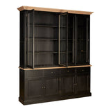 Large cabinet made of black oak wood featuring a two-section design with open shelving on the top and closed storage with doors on the bottom. The cabinet has a light wood top, contrasting with the dark finish of the body, and is designed with clean lines for a modern aesthetic