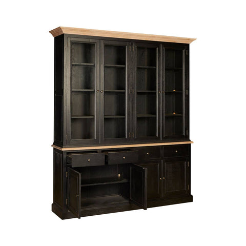 Large cabinet made of black oak wood featuring a light wood top, multiple glass-paneled shelves for display, and a lower section with an open space and a drawer for storage