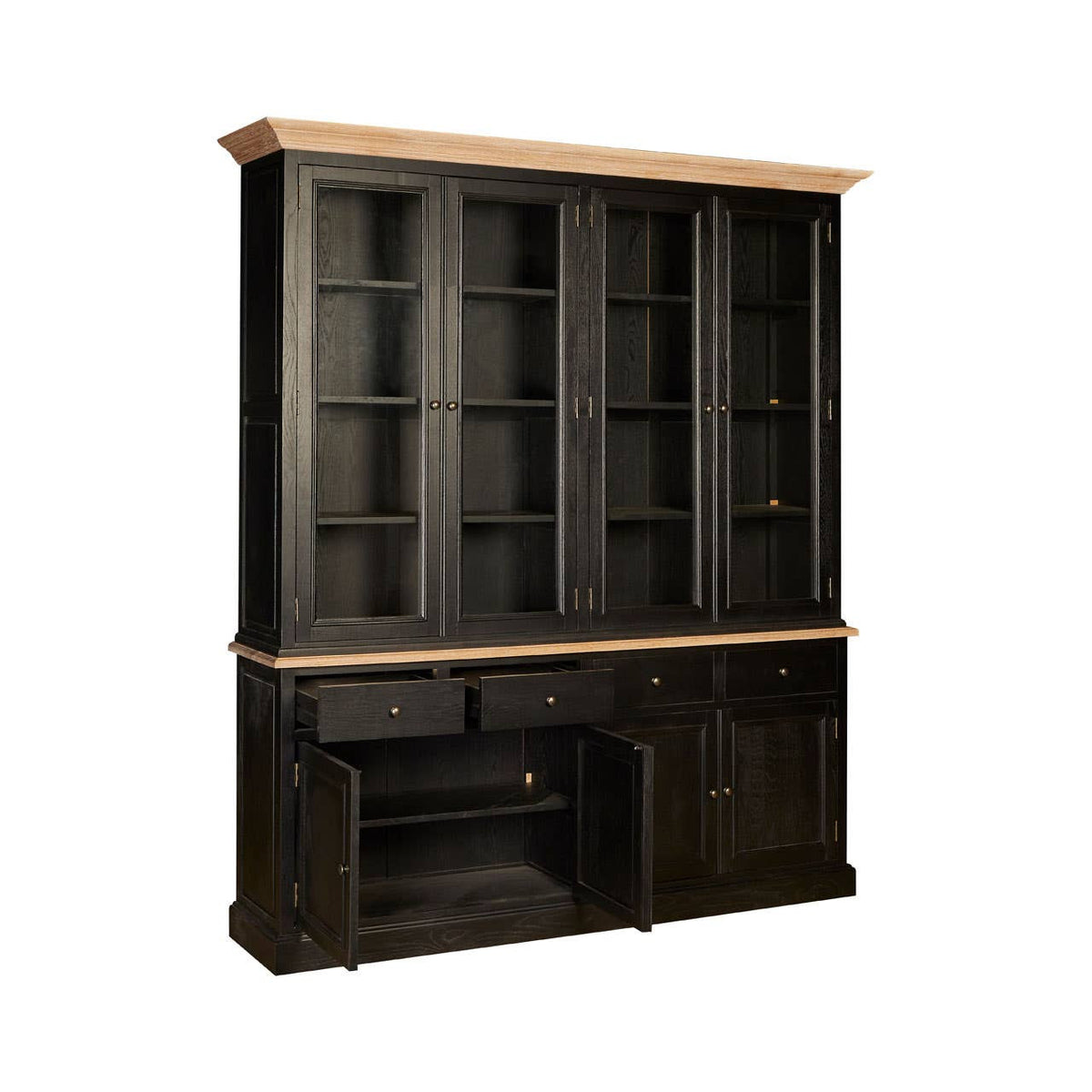 Large cabinet made of black oak wood featuring a light wood top, multiple glass-paneled shelves for display, and a lower section with an open space and a drawer for storage