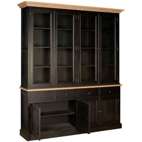 Large cabinet made of black oak wood featuring a top section with four glass-paneled shelves and a bottom section with two drawers and an open compartment. The cabinet has a smooth, light wood top that contrasts with the dark finish of the body