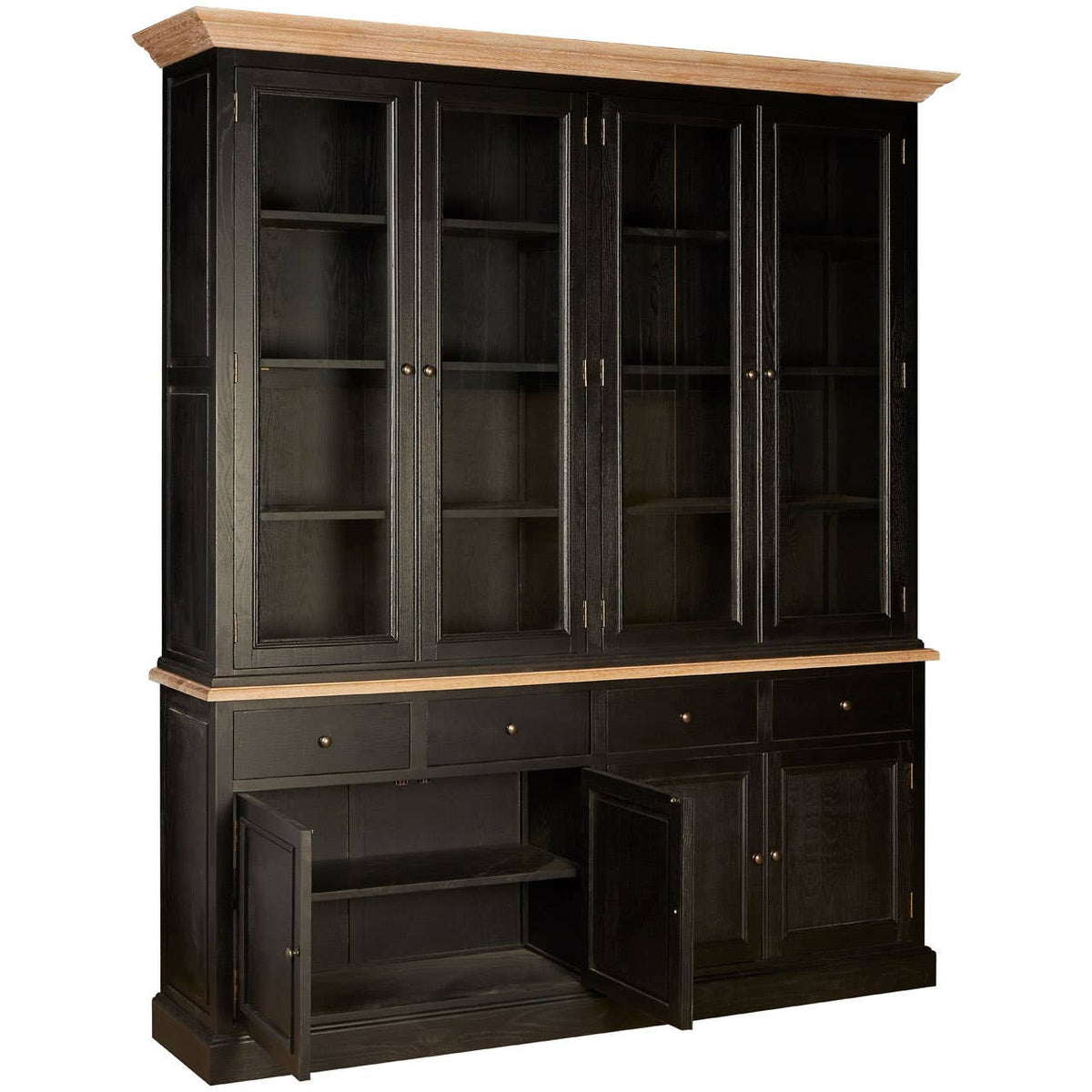 Large cabinet made of black oak wood featuring a top section with four glass-paneled shelves and a bottom section with two drawers and an open compartment. The cabinet has a smooth, light wood top that contrasts with the dark finish of the body