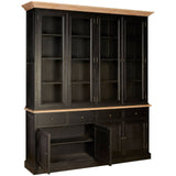 Large cabinet made of black oak wood featuring a top section with four glass-paneled shelves and a bottom section with two drawers and an open compartment. The cabinet has a smooth, light wood top that contrasts with the dark finish of the body