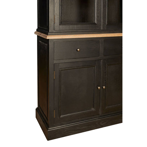 Large cabinet made of black oak wood featuring a smooth top surface, one drawer, and two doors with a classic design. The cabinet has a sturdy base and a contrasting light wood trim along the top edge