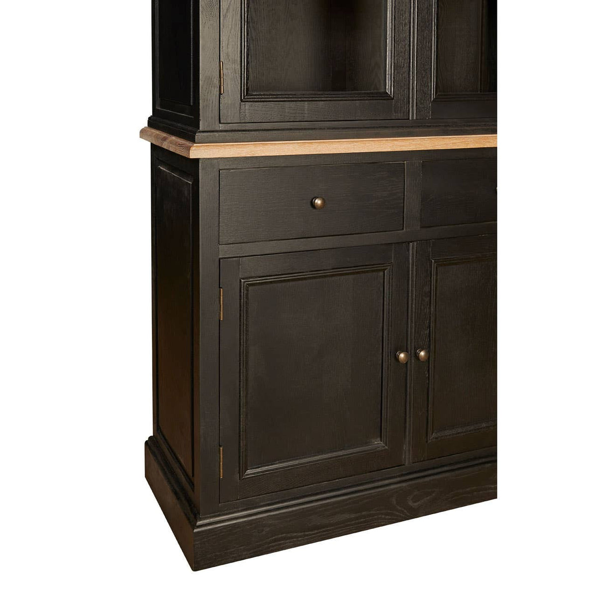 Large cabinet made of black oak wood featuring a smooth top surface, one drawer, and two doors with a classic design. The cabinet has a sturdy base and a contrasting light wood trim along the top edge