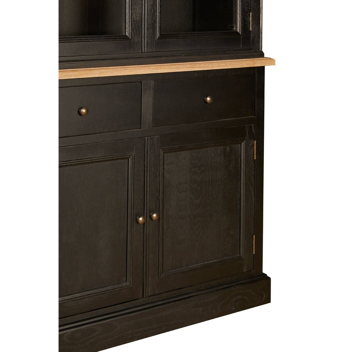 Large cabinet made of black oak wood featuring a smooth light wood top, two lower doors with gold knobs, and a textured finish on the cabinet doors. The overall design is modern and elegant, suitable for home decor