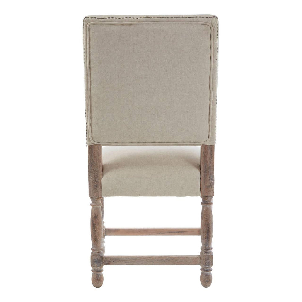Beige upholstered dining chair with wooden legs, rear view