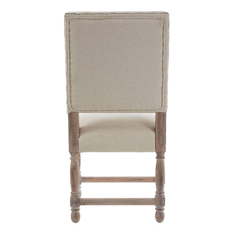 Beige upholstered dining chair with wooden legs, rear view