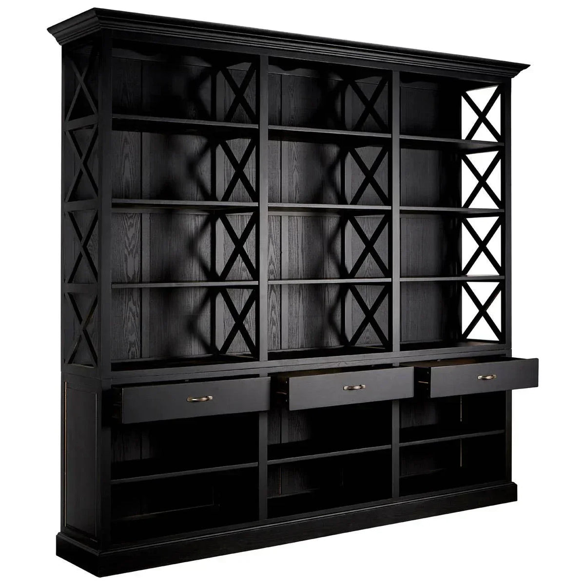 Black wooden bookcase with open shelving, three drawers, and lattice side panels