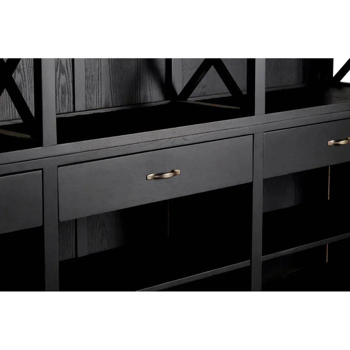 Black wood sideboard with brass drawer handles and open shelving detail