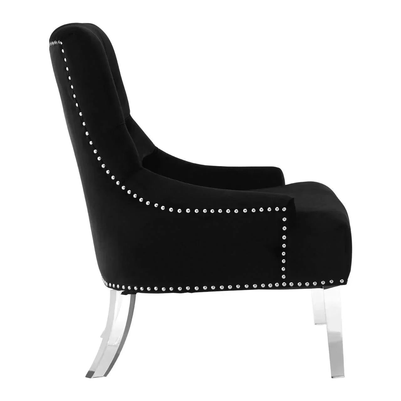 Black velvet accent chair with silver stud trim and clear curved acrylic legs, side view
