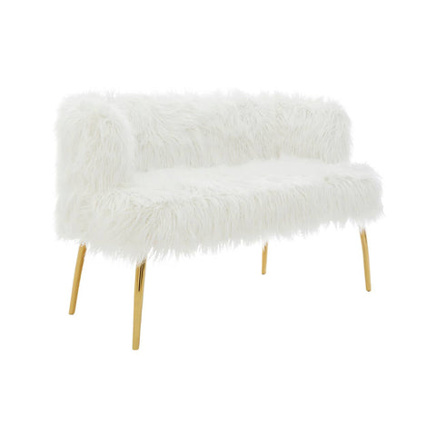 A plush white two-seater sofa featuring a fur effect upholstery and sleek gold legs, designed for a modern and stylish living space