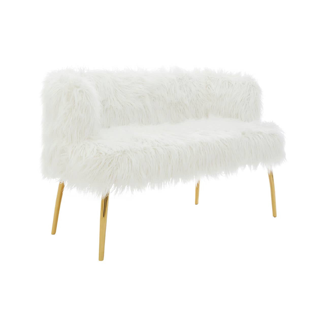 A plush white two-seater sofa featuring a fur effect upholstery and sleek gold legs, designed for a modern and stylish living space