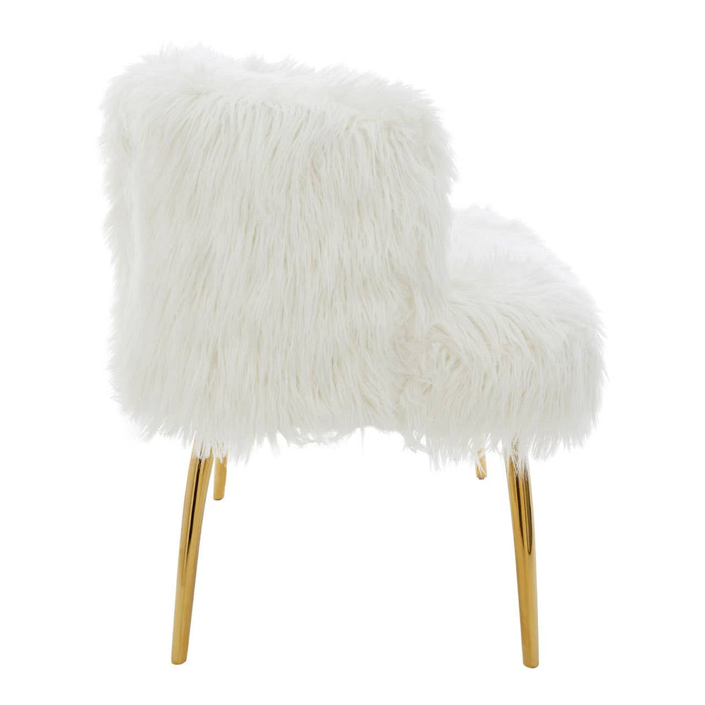 A plush white fur effect two-seater sofa featuring sleek gold legs, showcasing a modern and stylish design suitable for contemporary home decor