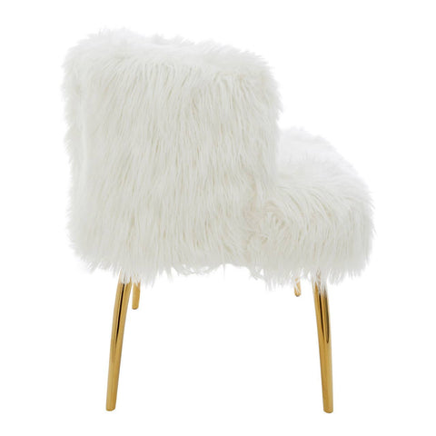 A plush white fur effect two-seater sofa featuring sleek gold legs, showcasing a modern and stylish design suitable for contemporary home decor