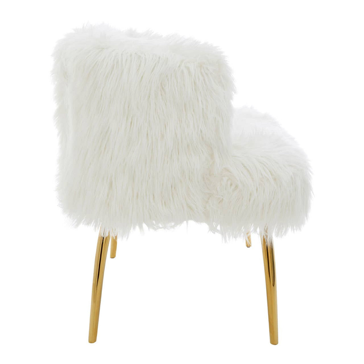 A plush white fur effect two-seater sofa featuring sleek gold legs, showcasing a modern and stylish design suitable for contemporary home decor