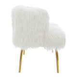 A plush white fur effect two-seater sofa featuring sleek gold legs, showcasing a modern and stylish design suitable for contemporary home decor