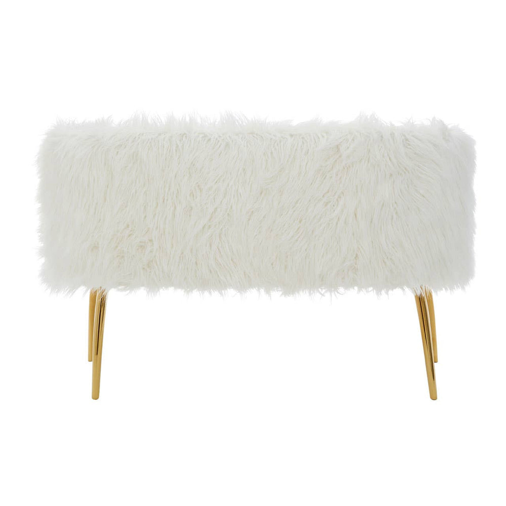 Soft white fur-effect upholstery covers a two-seater sofa, supported by sleek gold legs, creating a modern and luxurious look. The sofa features a minimalist design with a rectangular shape and rounded edges