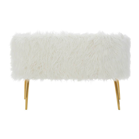 Soft white fur-effect upholstery covers a two-seater sofa, supported by sleek gold legs, creating a modern and luxurious look. The sofa features a minimalist design with a rectangular shape and rounded edges