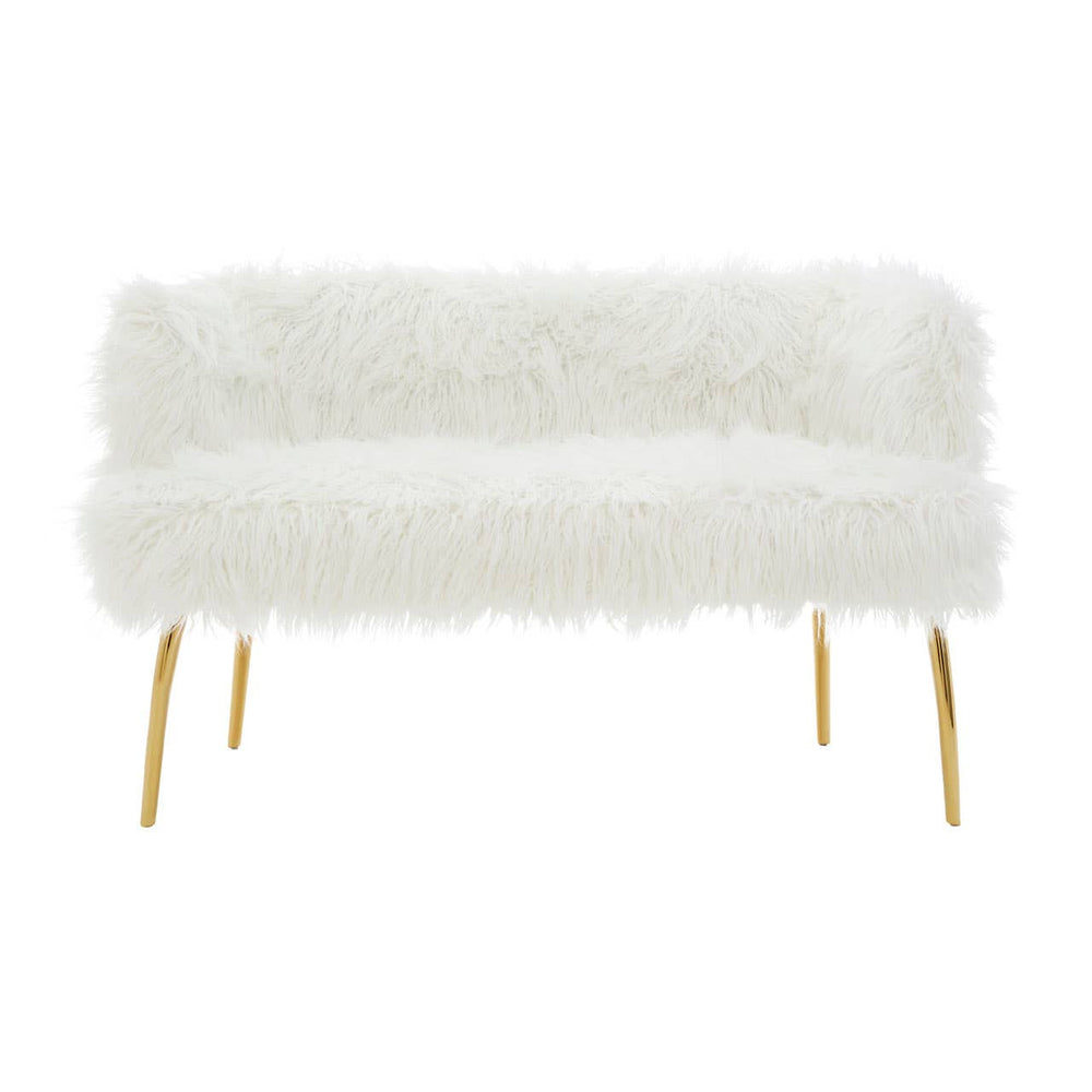 A plush, white fur effect two-seater sofa featuring sleek gold legs, designed for a modern and stylish living space. The sofa has a soft, textured surface and a minimalist silhouette, making it a chic addition to any room